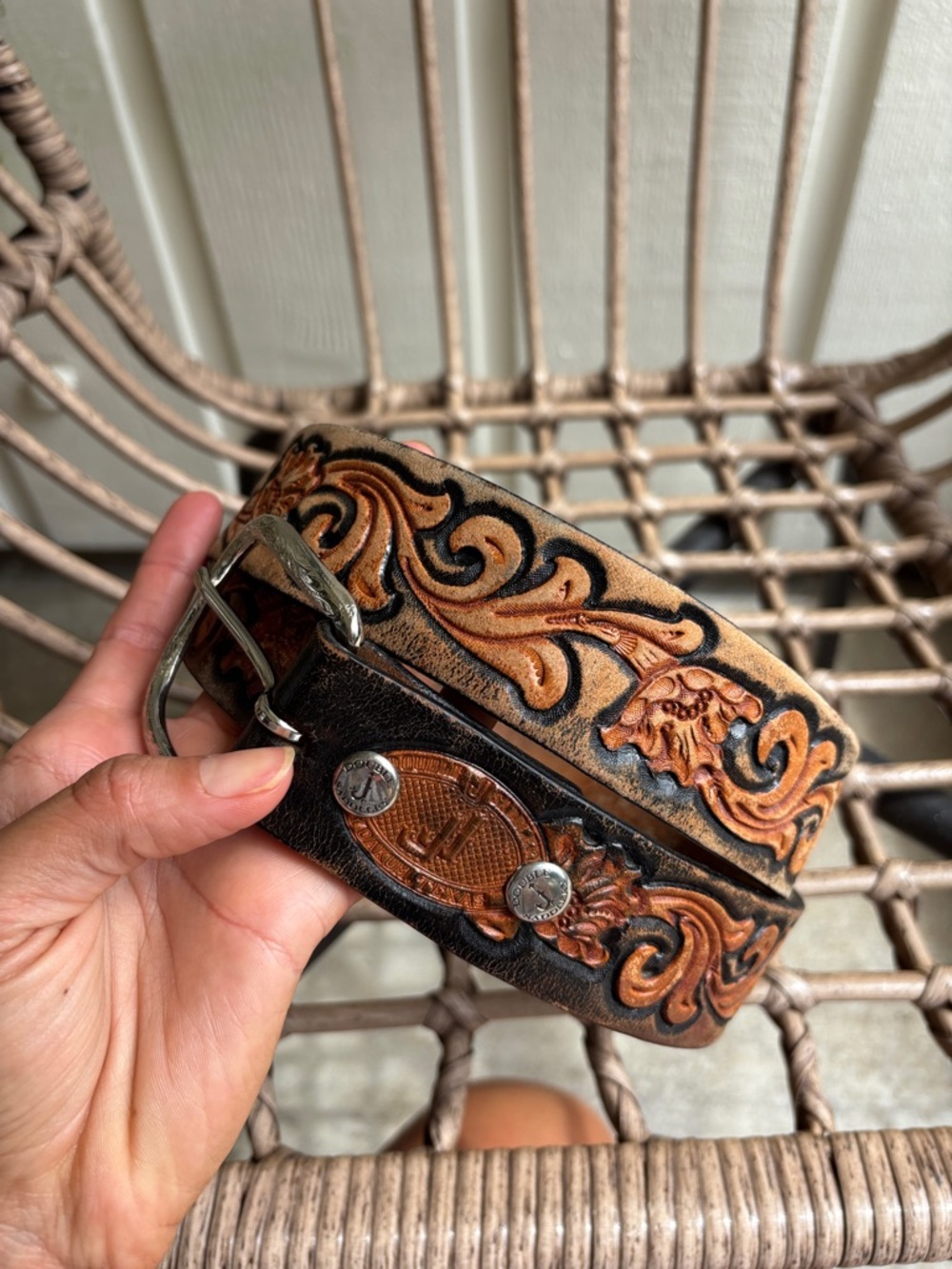 Tooled Leather Western Belt with Floral Scrollwork - Brown & Tan